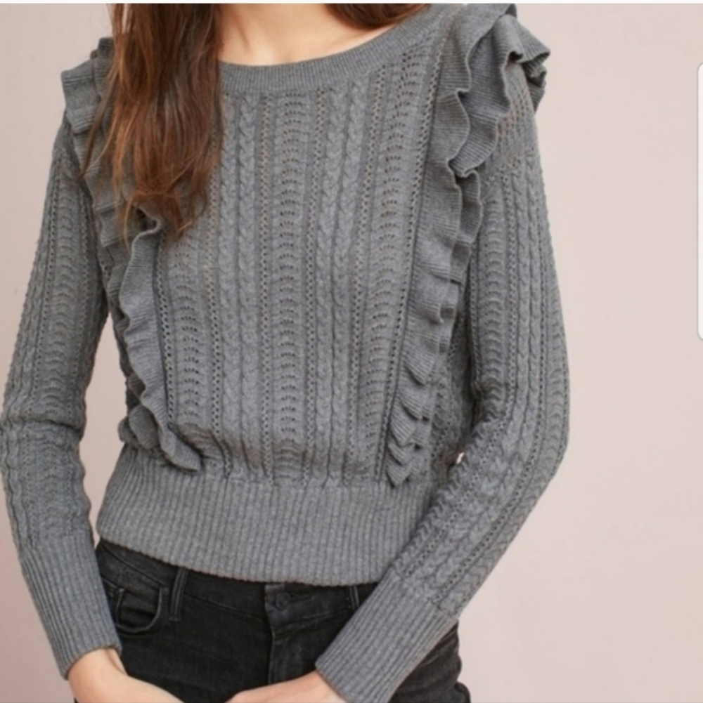 Anthropologie Moth Susan Ruffle Knit Cotton Sweater Size‎ XS
